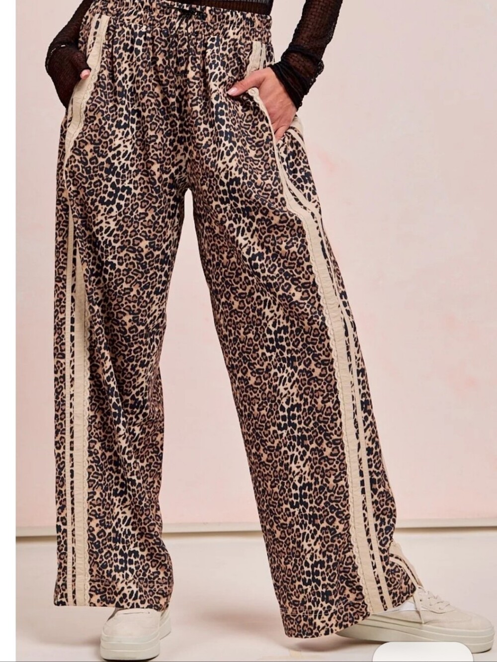 Womens Leopard Print Track Joggers - Tan & Black